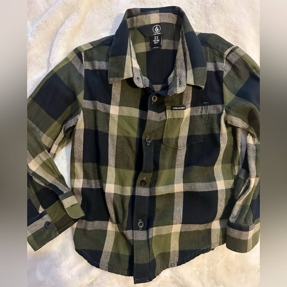 Little Boys Volcom Green and Black Plaid Button Down Shirt